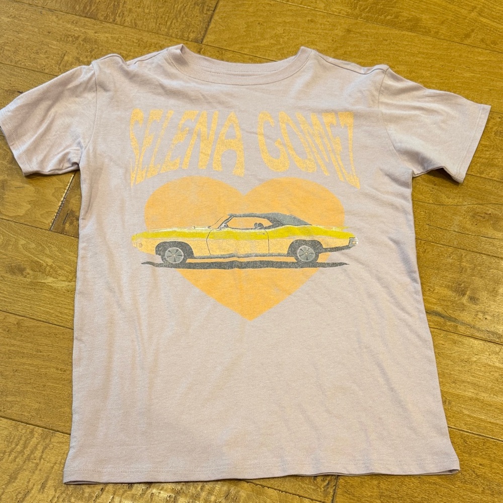 Selena Gomez Kids T-Shirt - Yellow Car on Orange Heart